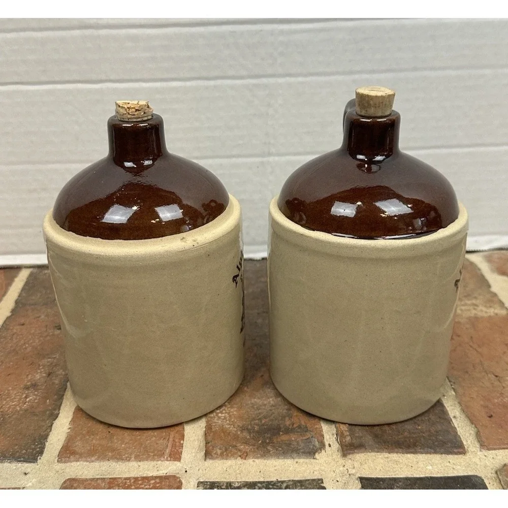 Pair Of Vintage Alpha Chi Omega Whisky Jug W Cork Winter Western 1981 Stoneware